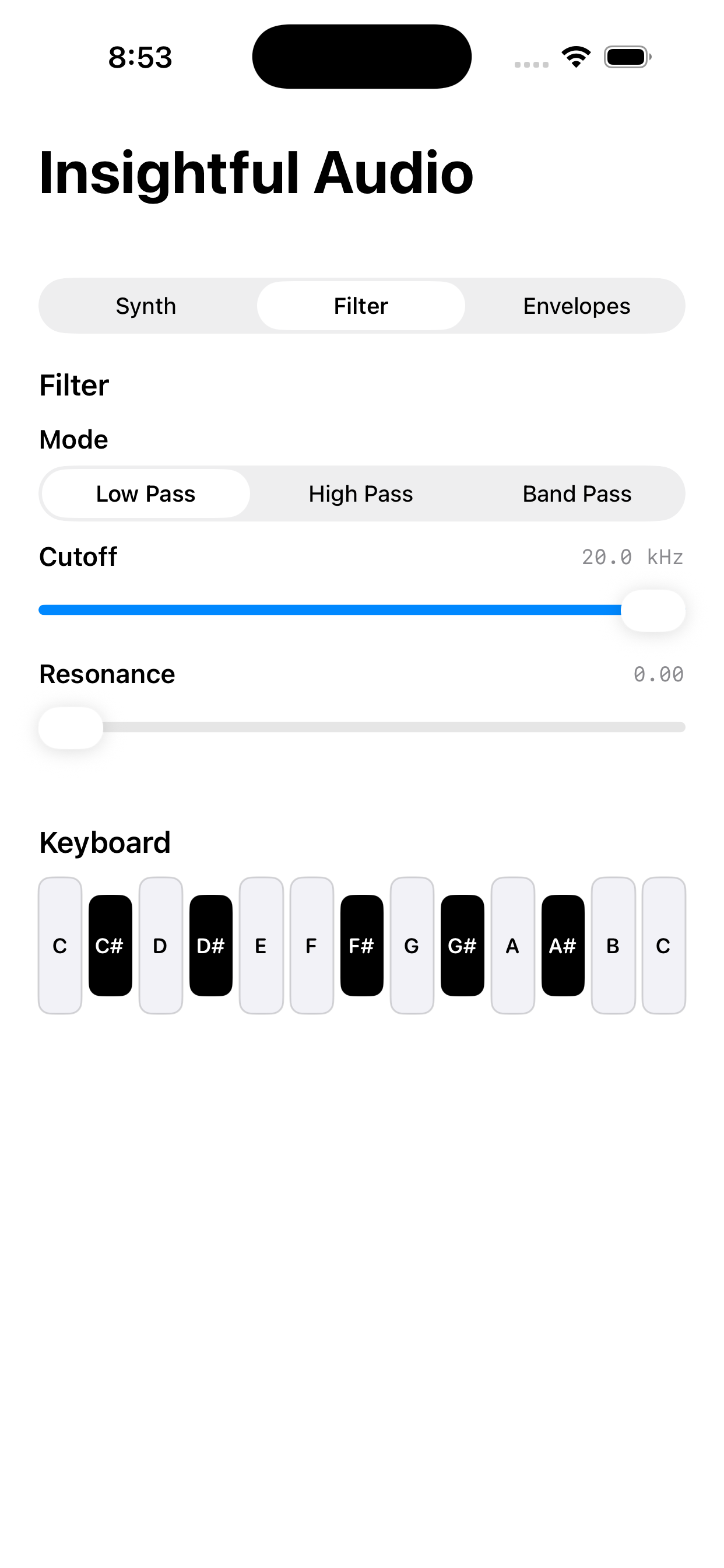 Filter page with cutoff, resonance, and keyboard