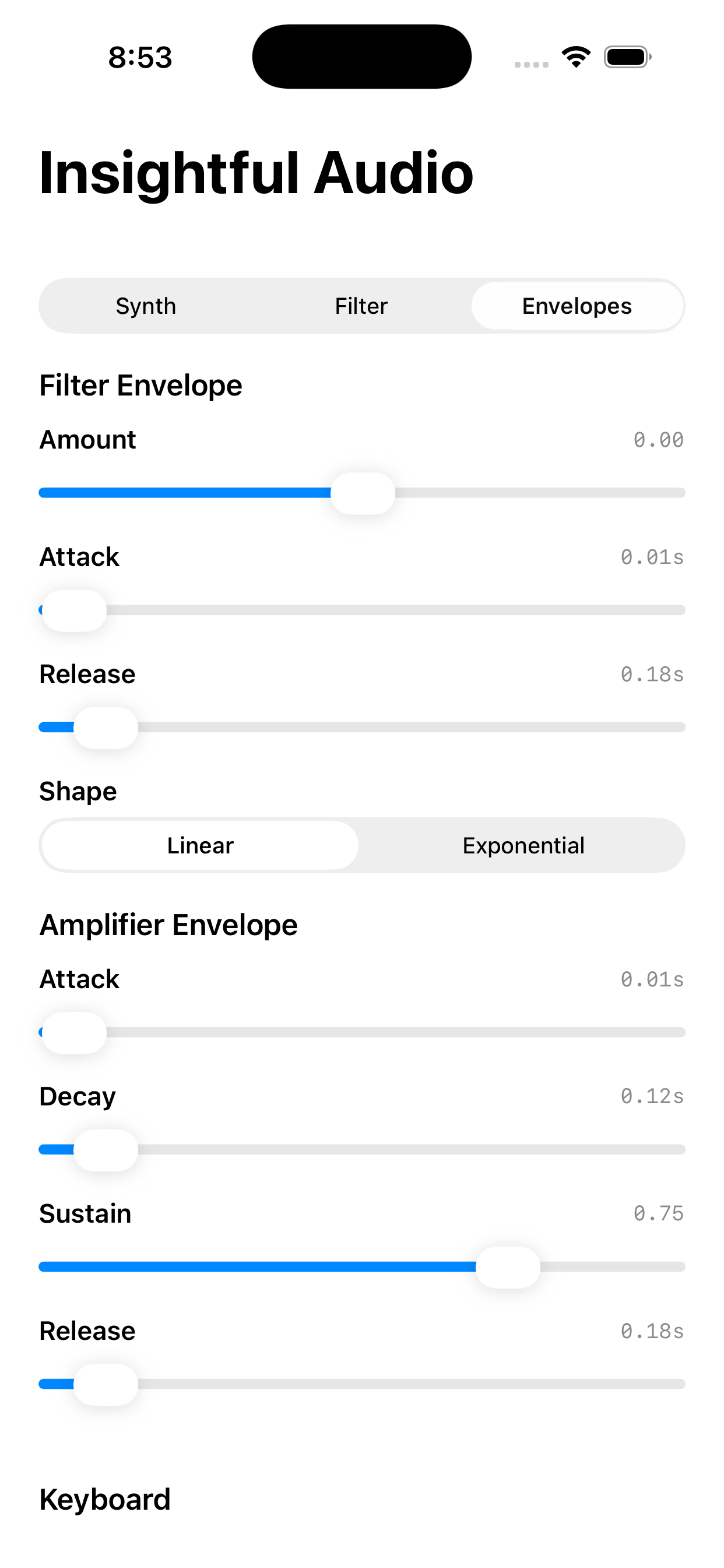Envelopes page displaying ADSR and shape controls