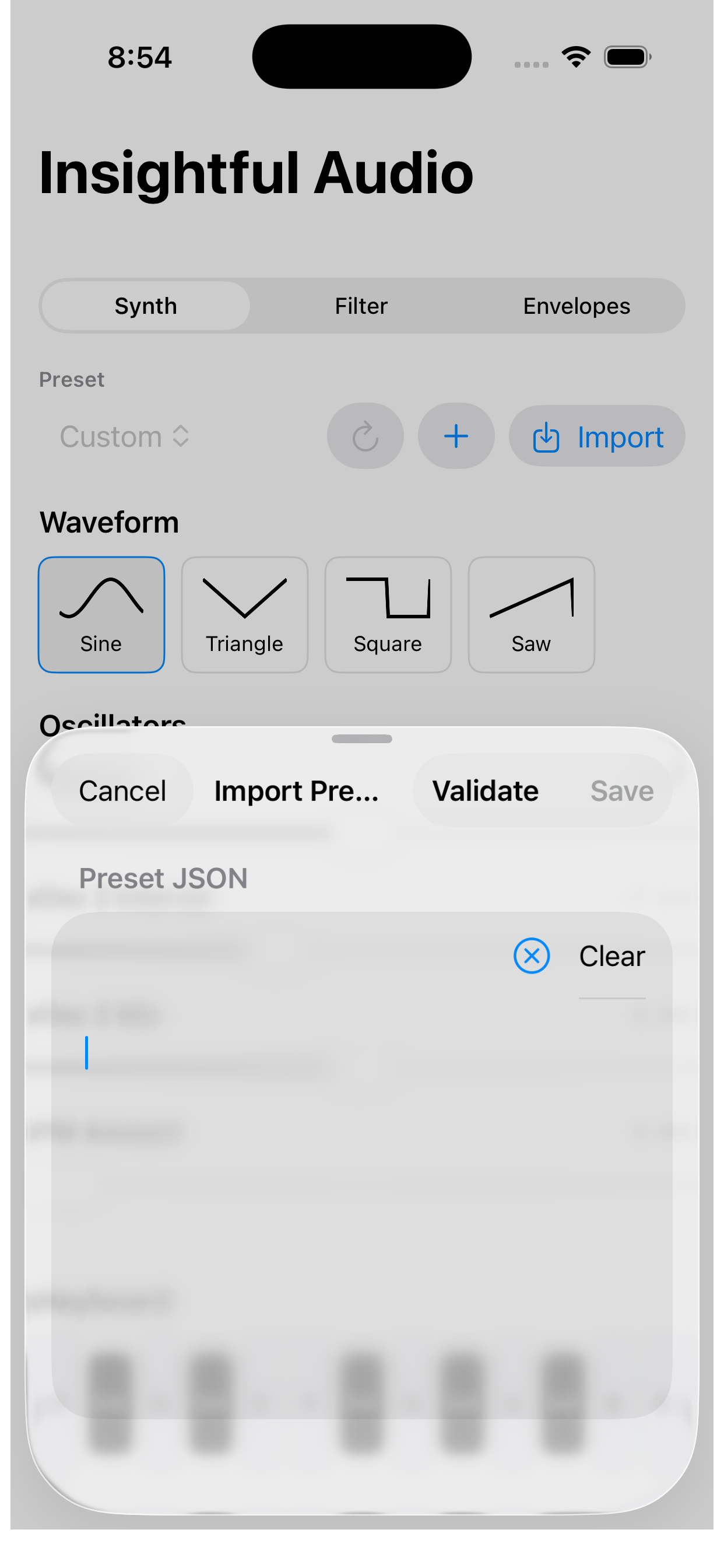Preset JSON import modal